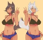  1girl alternate_color animal_ears bare_shoulders bikini bikini_top black_bikini black_eyes black_hair blue_eyes breasts cleavage denim denim_shorts fang halterneck inubashiri_momiji kurokuro light_smile midriff navel shiny shiny_skin short_hair short_shorts shorts sketch solo swimsuit tail touhou v white_hair wolf_ears wolf_tail 