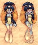  1girl apron blue_skin blush dakimakura fins fish_girl hair_ornament loose_thighhigh lying minette_(skullgirls) monster_girl on_back pink_eyes shell skullgirls small_breasts solo tears thigh-highs torn_clothes torn_thighhighs vincent_(hiyakuen) waitress yellow_sclera 