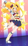  1girl :d absurdres alternate_form arm_up blonde_hair blue_skirt boots cure_honey earrings happinesscharge_precure! highres jewelry knee_boots long_hair oomori_yuuko open_mouth popcorn_cheer precure skirt smile solo standing_on_one_leg star twintails wand wrist_cuffs yellow_eyes yupiteru 
