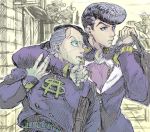  2boys bag belt black_hair gakuran higashikata_jousuke hug jojo_no_kimyou_na_bouken mitsuru_(91000) multiple_boys nijimura_okuyasu open_mouth pompadour school_bag school_uniform short_hair tree 