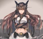  1girl black_gloves blush brown_eyes brown_hair crossed_arms elbow_gloves fingerless_gloves gloves hairband headgear kabocha kantai_collection long_hair looking_at_viewer midriff nagato_(kantai_collection) navel simple_background skirt solo 