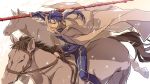  1boy blue_hair cape earrings fate/stay_night fate_(series) gae_bolg horse jewelry lancer long_hair polearm ponytail red_eyes sexy44 solo spear weapon 