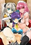  3girls bikini blue_eyes breasts brown_eyes detached_collar fujino_ran girl_sandwich licking_lips long_hair maid_headdress multiple_girls navel original panties pink_hair purple_hair sandwiched silver_hair swimsuit thigh-highs twintails underwear wrist_cuffs 