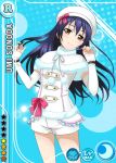  blue_hair blush boots brown_eyes cape character_name hat jacket long_hair love_live!_school_idol_project shorts sonoda_umi 