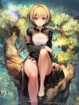  1girl arm_support armband bare_legs blonde_hair bob_cut caesty china_dress chinese_clothes cleavage_cutout green_eyes hair_between_eyes leg_up nature short_hair side_slit sitting small_breasts solo tree watermark 