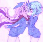  2girls blue_clothes blue_hair blush character_request closed_eyes flower heterochromia highres hikomaro610 horns io_(pso2) kiss lily_(flower) long_hair long_sleeves multiple_girls phantasy_star phantasy_star_online_2 pink_hair red_eyes red_scarf scarf short_hair shorts solo surprise_kiss surprised twintails yuri 