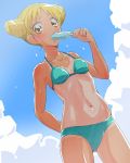  1girl aikatsu! arisugawa_otome bikini bikini_bottom bikini_top blonde_hair clouds eating eyelashes food ice_cream licking looking_at_viewer navel sketch sky solo standing swimsuit tj-type1 yellow_eyes 