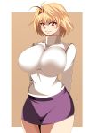  1girl alternate_costume antenna_hair arcueid_brunestud arms_behind_back blonde_hair breasts highres hikora huge_breasts impossible_clothes impossible_sweater melty_blood miniskirt red_eyes short_hair skin_tight skirt smile solo sweater tsukihime turtleneck 