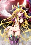  1girl armor blonde_hair breasts cleavage demon_girl feathered_wings horns lilith_(p&amp;d) long_hair midriff myutsusama nail_polish navel panties panty_pull pauldrons pointy_ears puzzle_&amp;_dragons red_eyes smile solo tiara underwear wings 