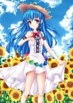  1girl blue_hair dress flower fred0092 hat highres hinanawi_tenshi long_hair red_eyes sleeveless sleeveless_dress solo sunflower touhou 