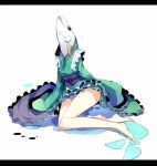  1girl barefoot fish_girl head_fins ichiyan japanese_clothes kimono letterboxed mermaid monster_girl obi sash solo touhou wakasagihime wakasagihime_(fish) water 