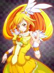  1girl blonde_hair blush checkered checkered_background choker cure_peace dress earrings eyelashes fighting_stance gradient gradient_background hair_ornament hh39731111 jewelry kise_yayoi long_hair looking_at_viewer magical_girl ponytail precure ribbon serious skirt smile_precure! solo standing wrist_cuffs yellow_dress yellow_eyes yellow_skirt 