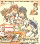  5girls ^_^ akatsuki_(kantai_collection) alternate_headwear black_hair blue_eyes brown_hair capybara closed_eyes folded_ponytail hair_ornament hairclip hat headband hibiki_(kantai_collection) ikazuchi_(kantai_collection) inazuma_(kantai_collection) kantai_collection kirisawa_juuzou long_hair mamiya_(kantai_collection) multiple_girls neckerchief open_mouth school_uniform seiza serafuku short_hair silver_hair sitting skirt smile table translation_request 