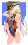  1girl alternate_costume anchor bismarck_(kantai_collection) blonde_hair blush breasts competition_swimsuit covered_navel female green_eyes hat highres kantai_collection large_breasts long_hair looking_at_viewer military_hat one-piece_swimsuit oota_yuuichi smile solo swimsuit 