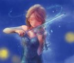  1girl a-ka artist_name bare_shoulders blonde_hair blue blue_background closed_eyes elsa_(frozen) frozen_(disney) instrument snowflakes solo violin watermark web_address 