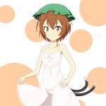  1girl :3 animal_ears brown_hair cat_ears cat_tail cato_(monocatienus) chen collarbone dress green_hat hand_on_hip hat jewelry mob_cap multiple_tails nightgown orange_eyes petite polka_dot polka_dot_background single_earring skirt_hold solo tail touhou tsurime two_tails 