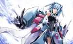  1girl bibi blue_hair breasts dutch_angle headgear holding infinite_stratos mecha_musume mysterious_lady open_mouth pointing red_eyes sarashiki_tatenashi short_hair simple_background solo tagme water white_background 