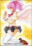  1girl angel_wings artist_name hair_ribbon kaname_madoka kneeling mahou_shoujo_madoka_magica marker_(medium) nightmare77zx panties pantyshot puffy_sleeves ribbon school_uniform skirt smile solo soul_gem thigh-highs traditional_media twintails underwear white_legwear wings 