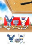  constricted_pupils cup drinking eating espurr fan green_eyes holding menu meowstic no_humans parent_and_child plate pokemon red_eyes restaurant shadow sitting sketch sky spaghetti teacup window winick-lim 