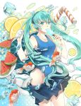  1girl aqua_eyes aqua_hair fish food fruit hatsune_miku headphones highres lemon long_hair nail_polish one-piece_swimsuit popsicle skirt solo straw swimsuit twintails very_long_hair vocaloid watermelon 