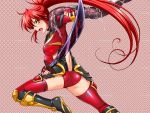  1girl blush boots character_request copyright_request eyelashes gloves katana knee_boots long_hair open_mouth ponytail red_legwear redhead say_(sakabin) serious solo sword tagme thigh-highs thighs weapon yellow_eyes zettai_ryouiki 