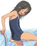  1girl :d ass black_hair blush competition_school_swimsuit flat_chest from_behind innertube kikurage_(crayon_arts) leaning_forward long_hair looking_back one-piece_swimsuit open_mouth smile solo swimsuit 