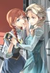  2girls anna_(frozen) blue_dress blue_eyes brown_hair cape door dress elsa_(frozen) frozen frozen_(disney) holding_hand incest interlocked_fingers licking licking_hand long_sleeves multiple_girls parted_lips platinum_blonde see-through seita siblings sisters undressing yuri 