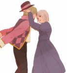  1boy 1girl argyle black_pants blonde_hair blue_dress dress hat holding holding_hat howl howl_no_ugoku_shiro long_sleeves looking_at_viewer matatatatabi pants short_hair sophie spoilers white_background white_hair 