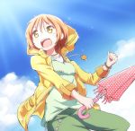  1girl :d brown_hair clenched_hand holding hoshizora_rin light_trail looking_up love_live!_school_idol_project open_mouth raincoat riai_(onsen) short_hair sky smile solo tagme umbrella yellow_eyes 