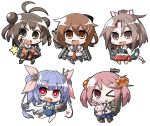  &gt;_o 5girls :&lt; :3 :d :p ahoge akaneya blue_eyes breasts brown_eyes brown_gloves brown_hair carrying_under_arm chibi clenched_hands double_bun fang fingerless_gloves gloves hair_bobbles hair_bun hair_ornament hairclip headband heart i-19_(kantai_collection) ikazuchi_(kantai_collection) kantai_collection long_hair machinery multiple_girls naka_(kantai_collection) one_eye_closed open_mouth ponytail rabbit sazanami_(kantai_collection) school_swimsuit school_uniform serafuku short_hair simple_background smile star star-shaped_pupils swimsuit symbol-shaped_pupils tongue tongue_out torpedo twintails v white_background zuihou_(kantai_collection) 