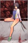  1girl bare_legs black_hair blood blue_eyes competition_swimsuit hooded_jacket hoodie looking_at_viewer machete one-piece_swimsuit original severed_arm shiny shiny_skin shoes short_hair sitting sneakers solo swimsuit swimsuit_under_clothes yuksi zombie 