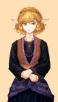  1girl black_shirt blonde_hair blouse bust earrings expressionless green_eyes hairband hands_together highres jewelry long_sleeves looking_at_viewer mizuhashi_parsee necklace p!_(flaschenstrahlinge) pointy_ears short_hair simple_background skirt solo tan_background touhou vest 
