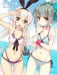  2girls :d anchor_hair_ornament arm_up artist_name bare_shoulders bikini blonde_hair bow brown_eyes front-tie_top gradient gradient_background grey_hair hair_bow hair_ribbon hairband hand_on_own_chest kantai_collection long_hair looking_at_viewer multiple_girls navel open_mouth orda payot ponytail ribbon shimakaze_(kantai_collection) side-tie_bikini simple_background smile striped striped_bikini striped_swimsuit swimsuit wristband yuubari_(kantai_collection) 
