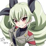  1girl anchovy artist_name blush dated dress_shirt drill_hair girls_und_panzer green_hair grin h-new hair_ribbon hand_on_hip jacket long_hair looking_at_viewer military military_uniform necktie red_eyes ribbon shirt signature smile solo standing twin_drills twintails uniform white_background 