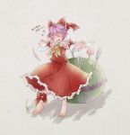 1girl ascot barefoot bow cosplay detached_sleeves grey_background hair_bow hakurei_reimu_(cosplay) heart minigirl needle open_mouth outstretched_arms purple_hair ribbon short_hair simple_background smile solo sukuna_shinmyoumaru toropp touhou yarnball 