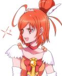  1girl arm_warmers choker cure_sunny detached_sleeves dress earrings eyelashes gloves hair_bun hair_ornament happy hino_akane jewelry looking_afar magical_girl naokado open_mouth orange_dress orange_eyes orange_hair precure ribbon short_hair simple_background sketch smile smile_precure! solo white_background 