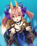  1girl animal_ears bow caster_(fate/extra) character_doll detached_sleeves fang fate/extra fate_(series) fox_ears fox_tail hair_bow hair_ribbon japanese_clothes kishinami_hakuno_(female) kishinami_hakuno_(male) pandasiro pink_hair ribbon star star-shaped_pupils symbol-shaped_pupils tail 