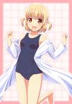  1girl :d aiura blonde_hair blush breasts brown_eyes collarbone hair_bobbles hair_ornament highres kk-sk-ray labcoat looking_at_viewer off_shoulder one-piece_swimsuit open_mouth outline pink_background revision school_swimsuit short_hair smile solo swimsuit swimsuit_under_clothes wakatsuki_misuzu 