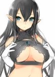  1girl bare_shoulders black_hair breasts bust cleavage cleavage_cutout elbow_gloves gloves green_eyes hair_between_eyes hands_on_own_chest k_(li) long_hair midriff pointy_ears simple_background sketch solo white_background white_gloves 