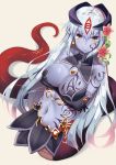  1girl alisfieze_fateburn_xvi bare_shoulders blue_skin breasts cleavage crossed_arms earrings elbow_gloves gloves jewelry lamia large_breasts looking_at_viewer mon-musu_quest! monster_girl navel silver_hair smile solo white_hair yatsu_(sasuraino) 