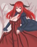  1girl bare_tree breasts bxr choker cleavage clothes_grab dress floating_hair fur_trim gown highres horns large_breasts long_hair long_sleeves maou_(maoyuu) maoyuu_maou_yuusha red_dress red_eyes redhead sleeves_past_wrists solo striped striped_dress tree vertical-striped_dress 