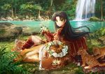  1girl black_hair cape fingerless_gloves flower forest gauntlets gloves grass green_eyes head_wreath highres huazha01 long_hair nature original pauldrons pond shin_guards sitting sleeping smile solo tagme tiger tree water waterfall 