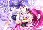  2girls aino_megumi blush boots cure_fortune cure_lovely earrings eyelashes fingerless_gloves gloves hair_ornament happinesscharge_precure! happy heart heart_hair_ornament highres hikawa_iona jewelry long_hair looking_at_viewer magical_girl multiple_girls open_mouth pink_eyes pink_hair pink_skirt ponytail precure puffy_sleeves purple_hair purple_skirt ribbon shirt skirt smile standing thigh-highs thigh_boots vest violet_eyes white_legwear wrist_cuffs yayayoruyoru zettai_ryouiki 