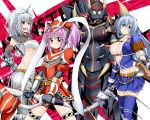  4girls azul_(armor) breasts cleavage headgear hermitaur_(armor) huge_breasts kirin_(armor) looking_at_viewer monster_hunter multiple_girls mun open_mouth smile thighhighs underboob 