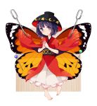  1girl barefoot blue_eyes blush bowl butterfly hands_clasped hat japanese_clothes kimono light_smile looking_at_viewer minigirl monarch_butterfly needle obi pin_(object) purple_hair restrained rice_bowl sash short_hair size_comparison solo sukuna_shinmyoumaru touhou vertical-striped_background wan_mame white_border wide_sleeves 