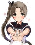  1boy admiral_(kantai_collection) akasaai ayanami_(kantai_collection) black_eyes blush brown_hair hair_ribbon hand_grab highres kantai_collection long_hair looking_at_viewer outstretched_arms ponytail ribbon school_uniform serafuku side_ponytail smile 