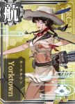  1girl america arrow belt blush bow_(weapon) braid breasts brown_eyes brown_hair card_(medium) cowboy_hat crop_top facial_mark gun hat holster jeanex kantai_collection kneehighs midriff navel open_mouth original personification quiver revolver short_hair solo translation_request twin_braids us_navy uss_yorktown_(cv-5) weapon yorktown_class_aircraft_carrier 