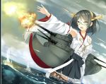  1girl black_hair bonkiru bow detached_sleeves dutch_angle glasses hair_ornament hairband highres in_water kantai_collection kirishima_(kantai_collection) machinery nontraditional_miko ocean open_mouth outstretched_arm ribbon-trimmed_sleeves ribbon_trim rimless_glasses short_hair solo tagme turret 