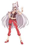  1girl alternate_costume bespectacled bow breasts choker cleavage fujiwara_no_mokou glasses hair_bow hand_on_hip high_heels kugi_ta_hori_taira large_breasts long_hair looking_at_viewer navel pants red_eyes silver_hair simple_background solo touhou white_background 