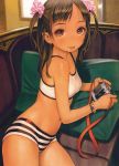  1girl :p bare_shoulders boyshorts bracelet brown_hair camera camisole crop_top hair_ornament highres jewelry long_hair looking_at_viewer lying midriff murata_renji navel on_side reclining scan small_breasts solo tongue tongue_out two_side_up violet_eyes wristband 